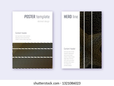 Geometric cover design template set. Gold abstract lines on black background. Beautiful cover design. Artistic catalog, poster, book template etc.
