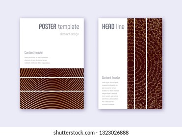 Geometric cover design template set. Gold abstract lines on maroon background. Beautiful cover design. Glamorous catalog, poster, book template etc.