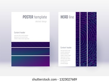 Geometric cover design template set. Neon abstract lines on dark blue background. Bewitching cover design. Fancy catalog, poster, book template etc.