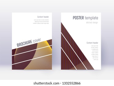 Geometric Cover Design Template Set. Gold Abstract Lines On Maroon Background. Bold Cover Design. Ravishing Catalog, Poster, Book Template Etc.