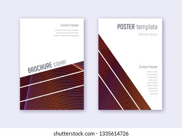 Geometric cover design template set. Orange abstract lines on wine red background. Breathtaking cover design. Unique catalog, poster, book template etc.