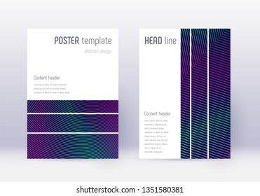 Geometric cover design template set. Neon abstract lines on dark blue background. Bewitching cover design. Enchanting catalog, poster, book template etc.