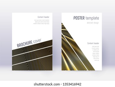 Geometric cover design template set. Gold abstract lines on black background. Bold cover design. Glamorous catalog, poster, book template etc.