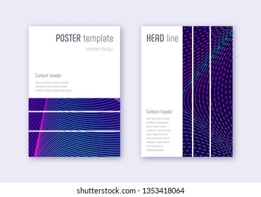 Geometric cover design template set. Neon abstract lines on dark blue background. Bewitching cover design. Awesome catalog, poster, book template etc.