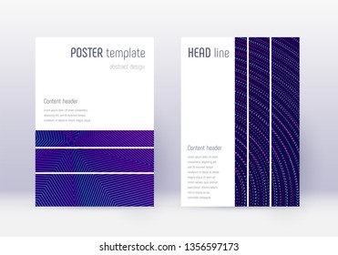 Geometric cover design template set. Neon abstract lines on dark blue background. Bewitching cover design. Fascinating catalog, poster, book template etc.