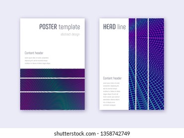 Geometric cover design template set. Neon abstract lines on dark blue background. Bewitching cover design. Favorable catalog, poster, book template etc.