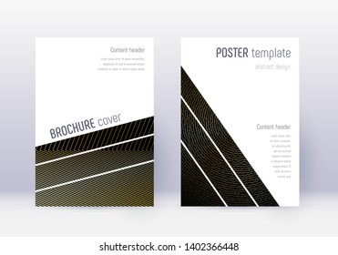 Geometric cover design template set. Gold abstract lines on black background. Bold cover design. Gorgeous catalog, poster, book template etc.