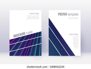 Geometric cover design template set. Neon abstract lines on dark blue background. Breathtaking cover design. Interesting catalog, poster, book template etc.