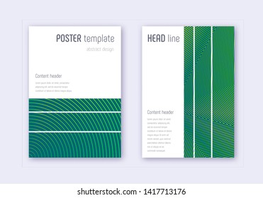 Geometric cover design template set. Green abstract lines on dark background. Bewitching cover design. Alive catalog, poster, book template etc.