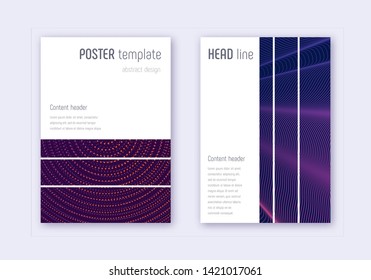Geometric cover design template set. Violet abstract lines on dark background. Bold cover design. Extra catalog, poster, book template etc.
