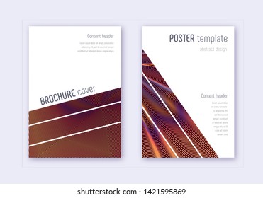 Geometric cover design template set. Orange abstract lines on wine red background. Brilliant cover design. Elegant catalog, poster, book template etc.
