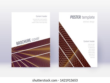 Geometric Cover Design Template Set. Gold Abstract Lines On Maroon Background. Bold Cover Design. Tempting Catalog, Poster, Book Template Etc.