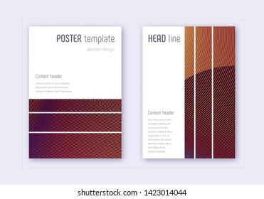 Geometric cover design template set. Orange abstract lines on wine red background. Bewitching cover design. Overwhelming catalog, poster, book template etc.