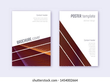 Geometric cover design template set. Orange abstract lines on wine red background. Brilliant cover design. Cool catalog, poster, book template etc.