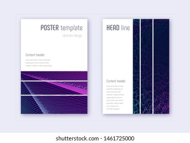 Geometric cover design template set. Neon abstract lines on dark blue background. Bewitching cover design. Attractive catalog, poster, book template etc.