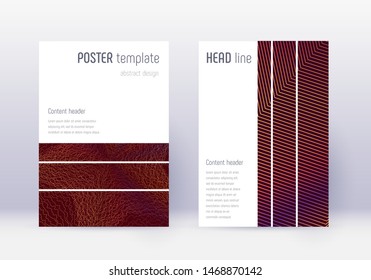 Geometric cover design template set. Orange abstract lines on wine red background. Bewitching cover design. Juicy catalog, poster, book template etc.