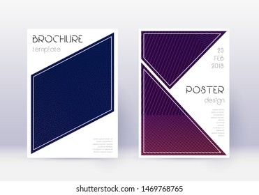 Geometric cover design template set. Violet abstract lines on dark background. Immaculate cover design. Fetching catalog, poster, book template etc.