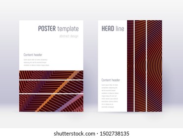 Geometric cover design template set. Orange abstract lines on wine red background. Bewitching cover design. Modern catalog, poster, book template etc.