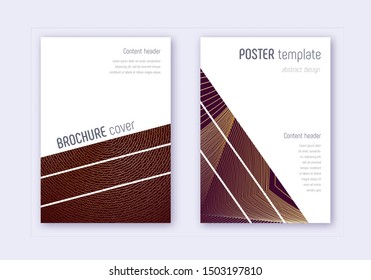 Geometric Cover Design Template Set. Gold Abstract Lines On Maroon Background. Bold Cover Design. Unique Catalog, Poster, Book Template Etc.