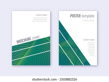 Geometric cover design template set. Green abstract lines on dark background. Breathtaking cover design. Decent catalog, poster, book template etc.