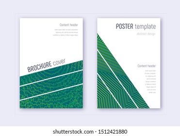 Geometric cover design template set. Green abstract lines on dark background. Breathtaking cover design. Impressive catalog, poster, book template etc.