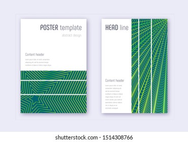 Geometric cover design template set. Green abstract lines on dark background. Bewitching cover design. Admirable catalog, poster, book template etc.