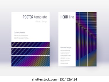 Geometric cover design template set. Rainbow abstract lines on dark blue background. Bizarre cover design. Beauteous catalog, poster, book template etc.