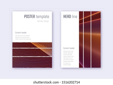 Geometric cover design template set. Orange abstract lines on wine red background. Bewitching cover design. Majestic catalog, poster, book template etc.