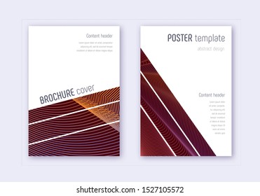 Geometric cover design template set. Orange abstract lines on wine red background. Brilliant cover design. Attractive catalog, poster, book template etc.