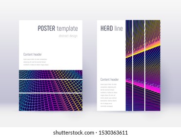 Geometric cover design template set. Rainbow abstract lines on dark blue background. Bewitching cover design. Stunning catalog, poster, book template etc.