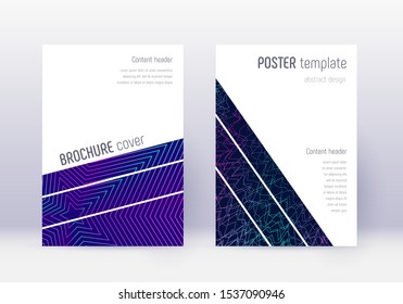 Geometric cover design template set. Neon abstract lines on dark blue background. Breathtaking cover design. Noteworthy catalog, poster, book template etc.