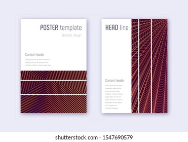 Geometric cover design template set. Orange abstract lines on wine red background. Bewitching cover design. Original catalog, poster, book template etc.