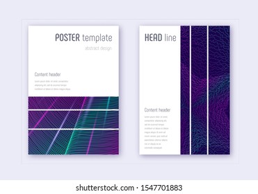Geometric cover design template set. Neon abstract lines on dark blue background. Bewitching cover design. Beautiful catalog, poster, book template etc.