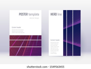 Geometric cover design template set. Violet abstract lines on dark background. Bold cover design. Astonishing catalog, poster, book template etc.