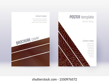 Geometric Cover Design Template Set. Gold Abstract Lines On Maroon Background. Bold Cover Design. Unequaled Catalog, Poster, Book Template Etc.