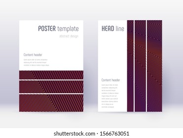 Geometric cover design template set. Orange abstract lines on wine red background. Bewitching cover design. Pleasing catalog, poster, book template etc.