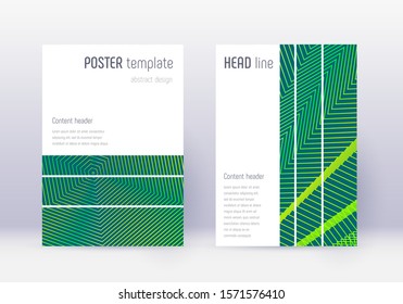 Geometric cover design template set. Green abstract lines on dark background. Bewitching cover design. Amazing catalog, poster, book template etc.