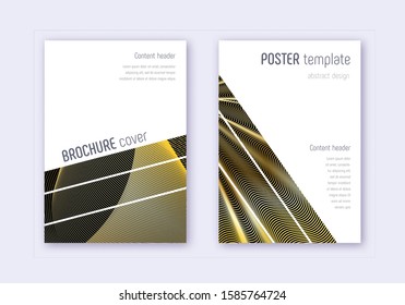 Geometric cover design template set. Gold abstract lines on black background. Bold cover design. Fancy catalog, poster, book template etc.