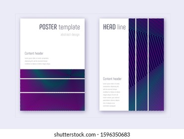 Geometric cover design template set. Neon abstract lines on dark blue background. Bewitching cover design. Fine catalog, poster, book template etc.