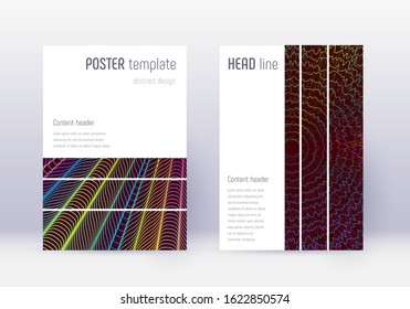 Geometric cover design template set. Rainbow abstract lines on wine red background. Bizarre cover design. Emotional catalog, poster, book template etc.