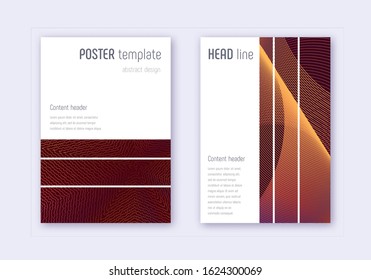 Geometric cover design template set. Orange abstract lines on wine red background. Bewitching cover design. Incredible catalog, poster, book template etc.