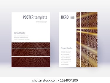 Geometric cover design template set. Gold abstract lines on maroon background. Beautiful cover design. Indelible catalog, poster, book template etc.