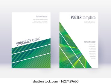 Geometric cover design template set. Green abstract lines on dark background. Breathtaking cover design. Ecstatic catalog, poster, book template etc.