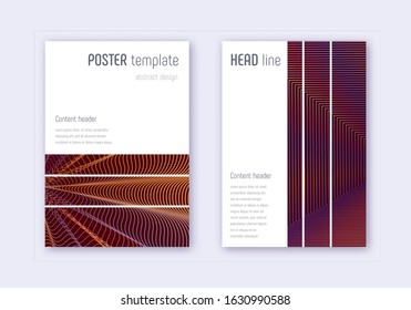 Geometric cover design template set. Orange abstract lines on wine red background. Bewitching cover design. Powerful catalog, poster, book template etc.