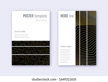 Geometric cover design template set. Gold abstract lines on black background. Beautiful cover design. Decent catalog, poster, book template etc.