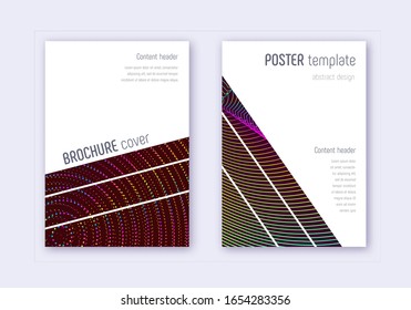 Designvorlage für geometrische Cover. Abstrakte Regenbogen-Linien auf weinrotem Hintergrund. Brillantes Cover-Design. Perfekter Katalog, Poster, Buchvorlage etc.