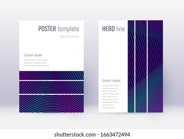 Geometric cover design template set. Neon abstract lines on dark blue background. Bewitching cover design. Divine catalog, poster, book template etc.