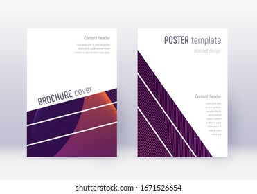 Geometric cover design template set. Violet abstract lines on dark background. Captivating cover design. Mesmeric catalog, poster, book template etc.