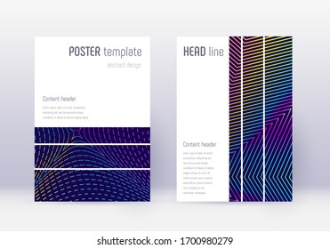 Geometric cover design template set. Rainbow abstract lines on dark blue background. Bizarre cover design. Appealing catalog, poster, book template etc.