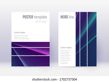 Geometric cover design template set. Neon abstract lines on dark blue background. Bewitching cover design. Appealing catalog, poster, book template etc.